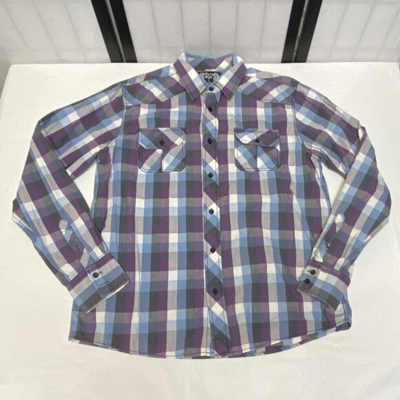 Eighty Eight Long Sleeve Collared Button Up Flap Pocket Plaid Shirt Purple Blue - Picture 8 of 11